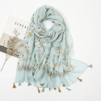 2025 Japanese Boho Linen Scarf: Vintage Floral Print Patchwork Shawl - Sun Protection Fringe Wrap Women