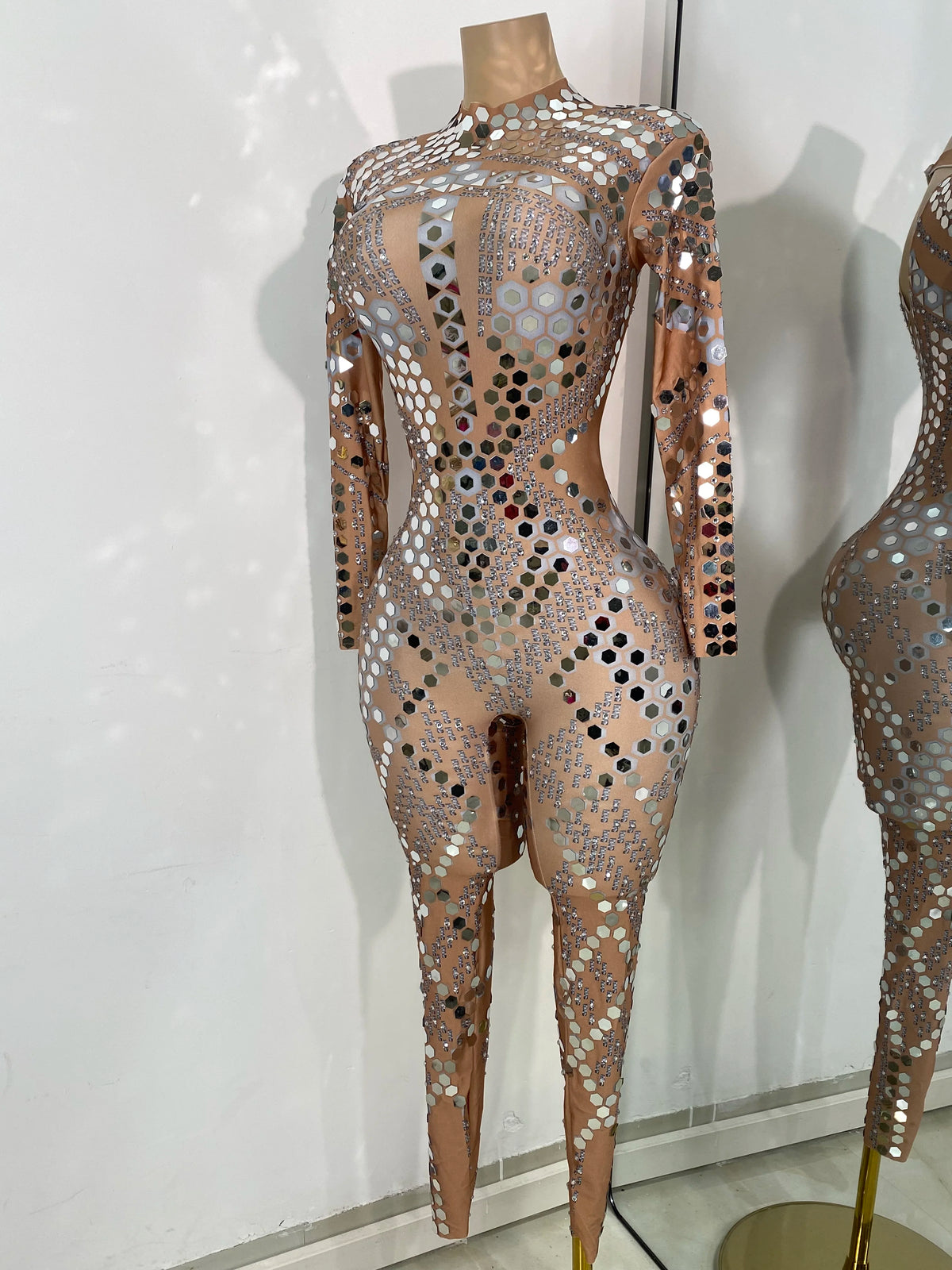 Women Sexy Spandex Tight Jumpsuit Long Sleeve Mirrors Cosplay Costume Nightclub Dancer Outfit Performance Stage Wear