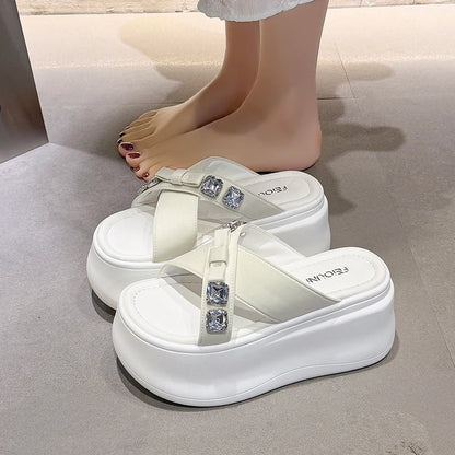 Summer Women's Luxury Rhinestone Bow Platform Wedge Slides Sandals Height Increasing Cross Open Toe Casual Beach Slippers Shoes