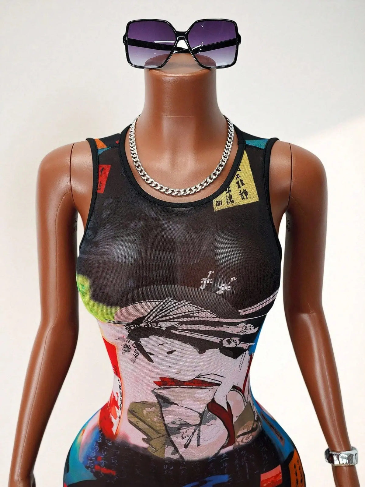 Japanese Geisha Print Mesh Bodycon Dresses Women Sleeveless See Through Sheer Streetwear Club Party Sexy Slim Fit Tank Dress