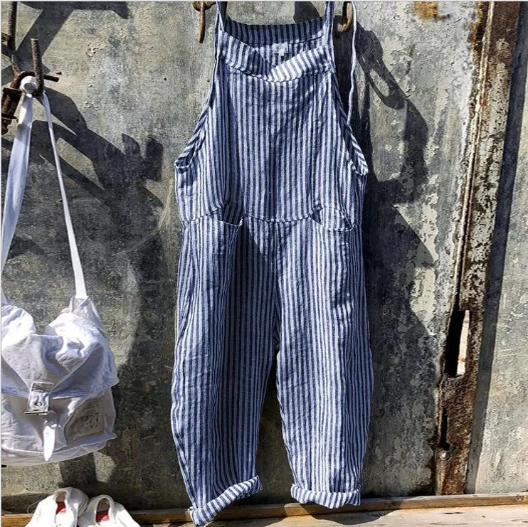 Casual Jumpsuit Women Striped Cotton Overalls Loose Fit Long Pants Romper Adjustable Straps Front Patch Pockets Jumpsuits