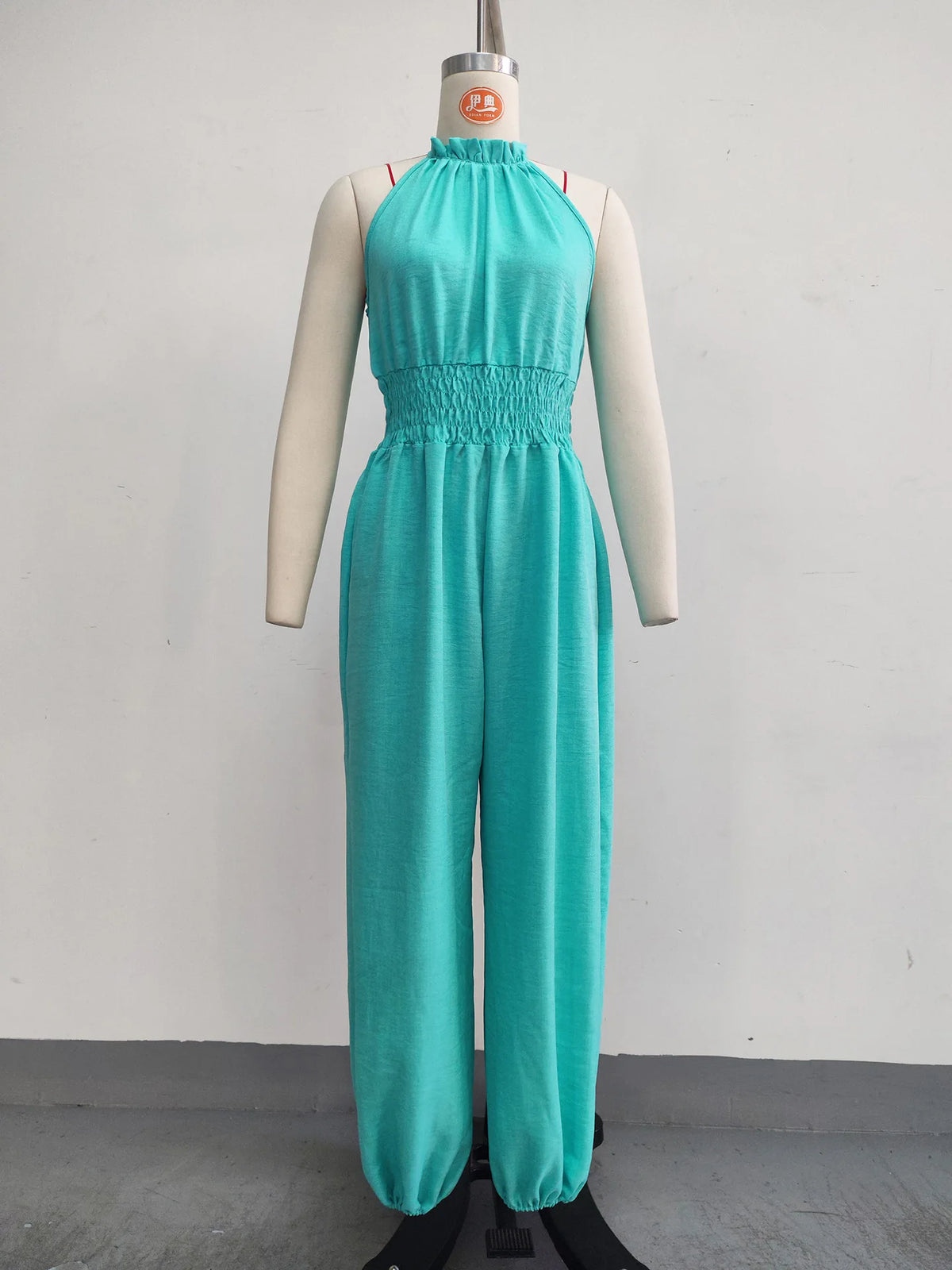 Summer Sexy Halter Sleeveless Pleated Jumpsuit Women Fashion Solid Elastic Waisted Wide Leg Jumpsuit Casual Loose Rompers Street