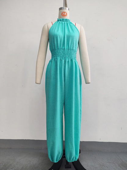 Summer Sexy Halter Sleeveless Pleated Jumpsuit Women Fashion Solid Elastic Waisted Wide Leg Jumpsuit Casual Loose Rompers Street