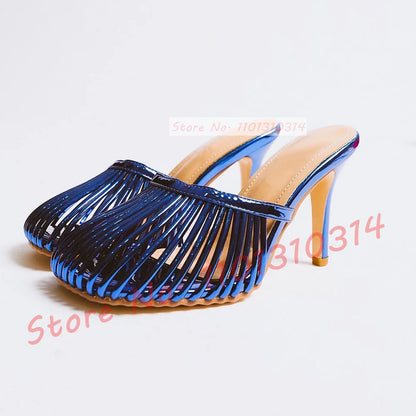 Cage Round Toe Metallic Mules Women New In Sexy Luxury High Heel Shoes Female Thin Strap 2023 Summer Elegant Chic Solid Slippers