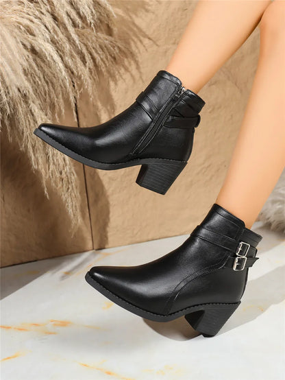Retro Belt Buckle Women Short Ankle Boots Plus Size 43 Autumn Zipper Soft Leather Square Heel Ladies Pointed Toe Party Shoes New