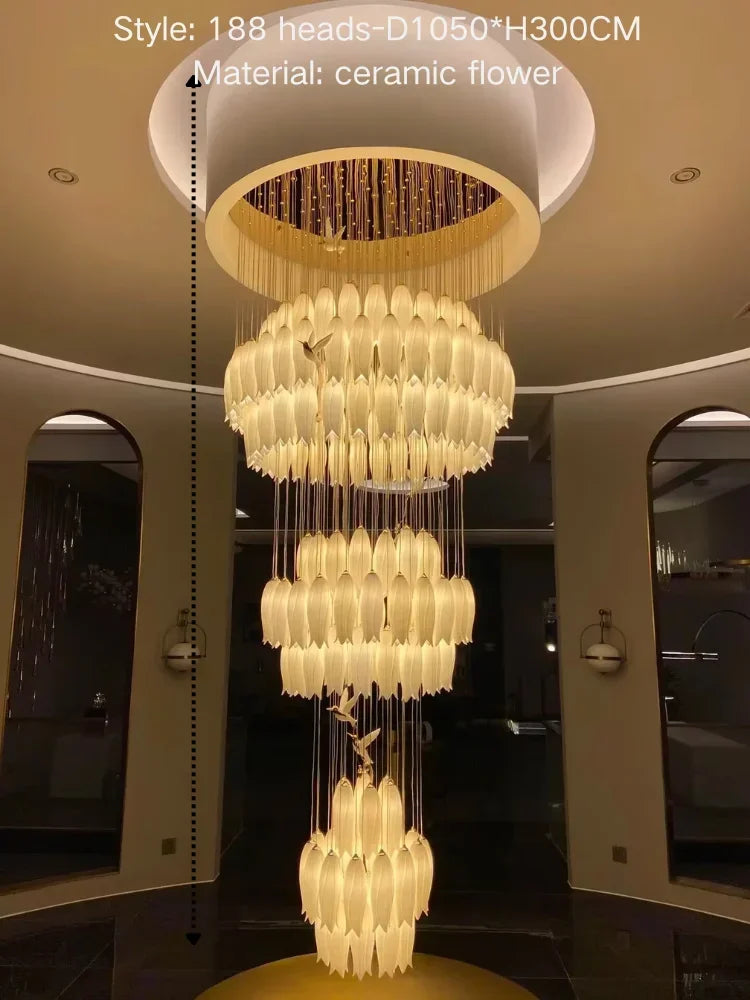 Luxury Crystal Staircase Chandelier for Stairsway Loft Ceramic Flowers Ceiling Chandelier for High Ceiling Villa Hotel Lobby