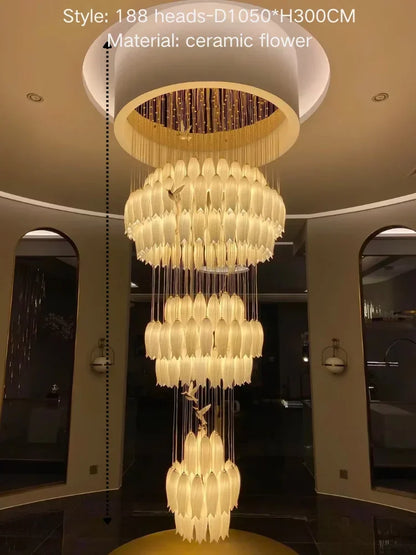 Luxury Crystal Staircase Chandelier for Stairsway Loft Ceramic Flowers Ceiling Chandelier for High Ceiling Villa Hotel Lobby