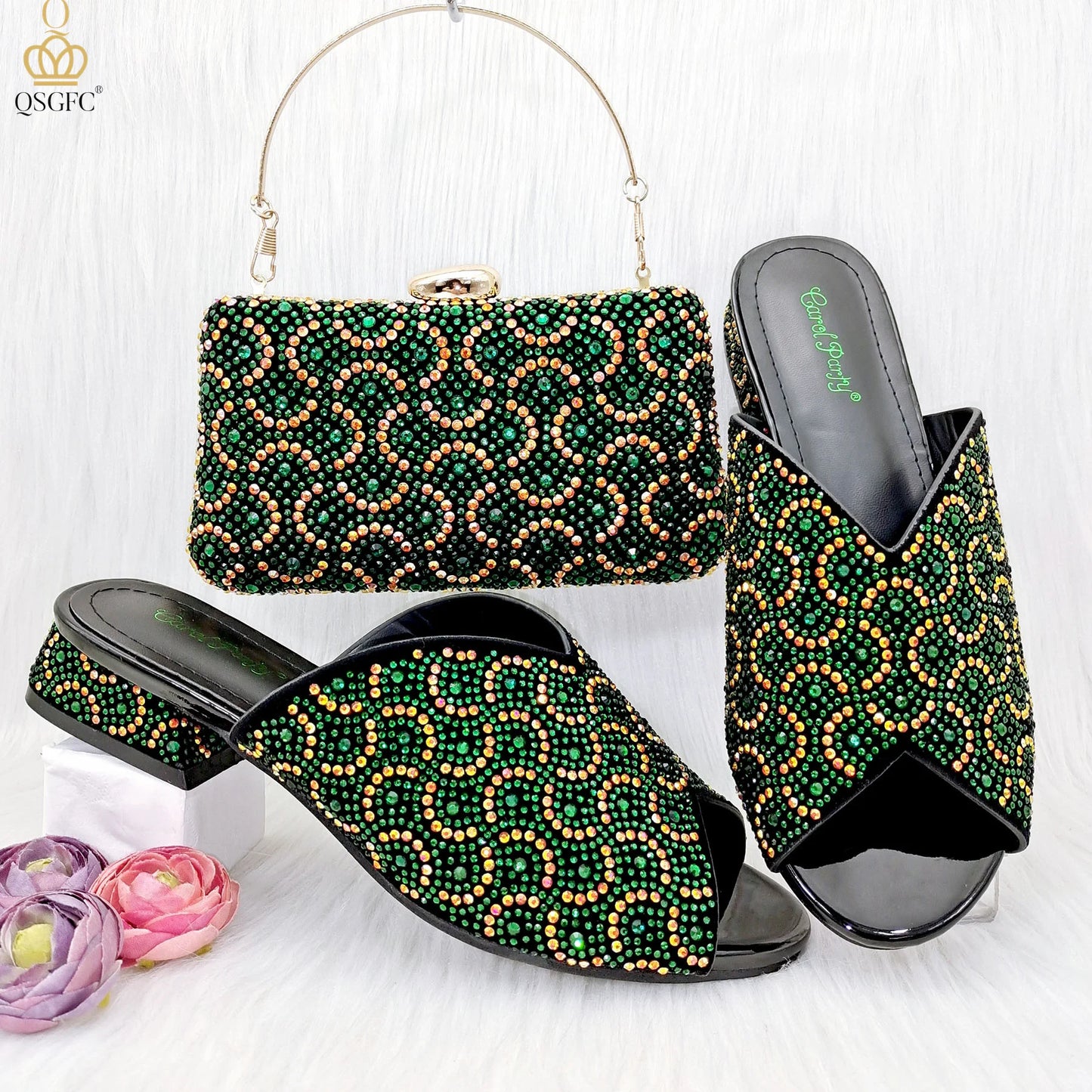 QSGFC Italian Design Fashion Crystal Sandals Nigeria Africa Popular High Heel Shoe Bag Set Casual Versatile Fish Mouth Shoes