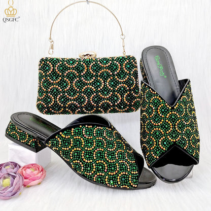 QSGFC Italian Design Fashion Crystal Sandals Nigeria Africa Popular High Heel Shoe Bag Set Casual Versatile Fish Mouth Shoes