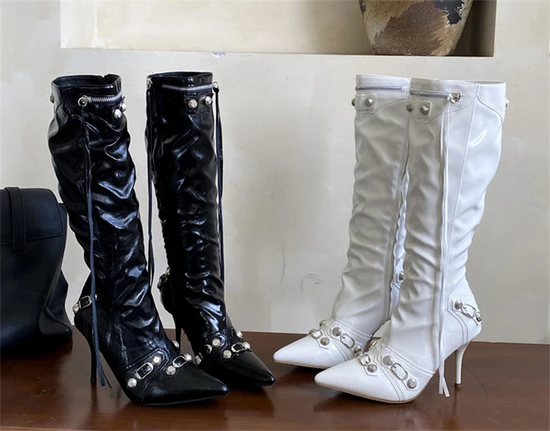ZAROY Thin High Heels Knee-high Boots Women Winter Shoes Designer Tassels Rivet Side Zippers Sexy Pointed Toe Punk Long Booties