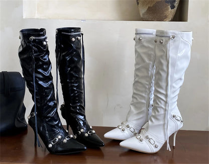 ZAROY Thin High Heels Knee-high Boots Women Winter Shoes Designer Tassels Rivet Side Zippers Sexy Pointed Toe Punk Long Booties