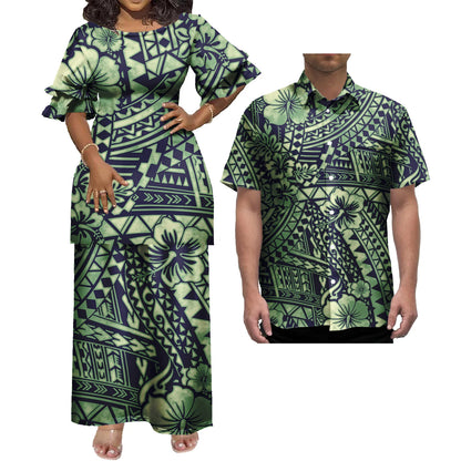 New Wholesale Custom Polynesian Tribal Design Petal Sleeve Samoan Puletasi Set Ptaha Plus Size Women 2 Piece Outfits Sets Dress