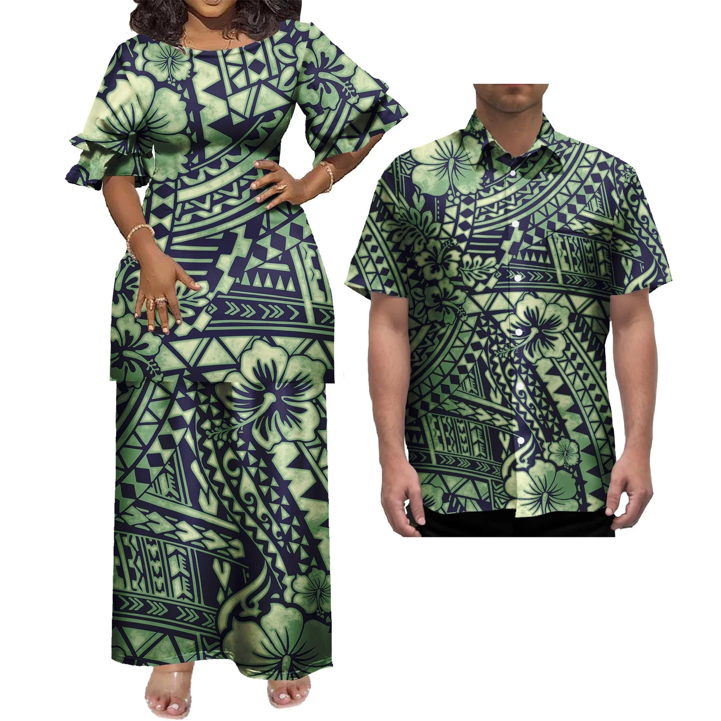 New Wholesale Custom Polynesian Tribal Design Petal Sleeve Samoan Puletasi Set Ptaha Plus Size Women 2 Piece Outfits Sets Dress