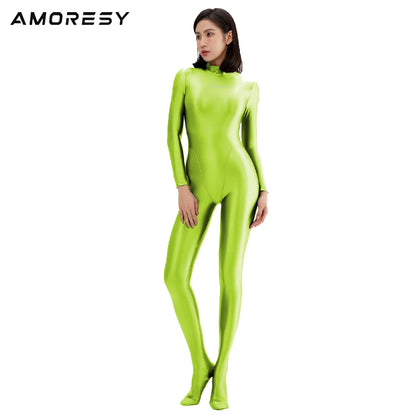 AMORESY Shiny Glitter Diving Surfing Swimwear One-piece Back Zipper Overall Zentai Jumpsuit Sport Gym Bodysuit Catsuit Playsuit