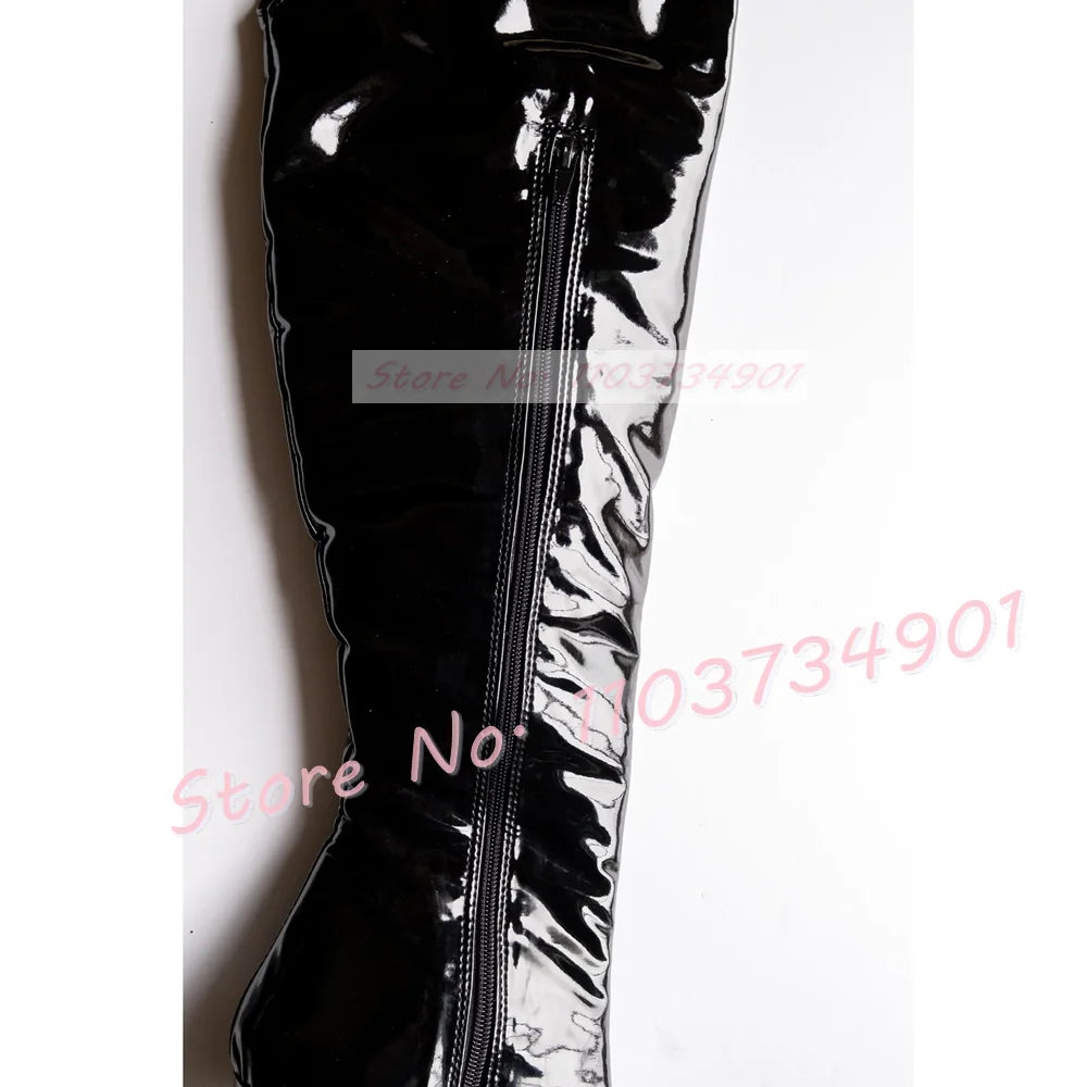 Platform Knee High Stiletto Boots Women Pink Splicing Round Toe Lace-Up Shiny Leather High Heels Boots Female Sexy Slim Boots