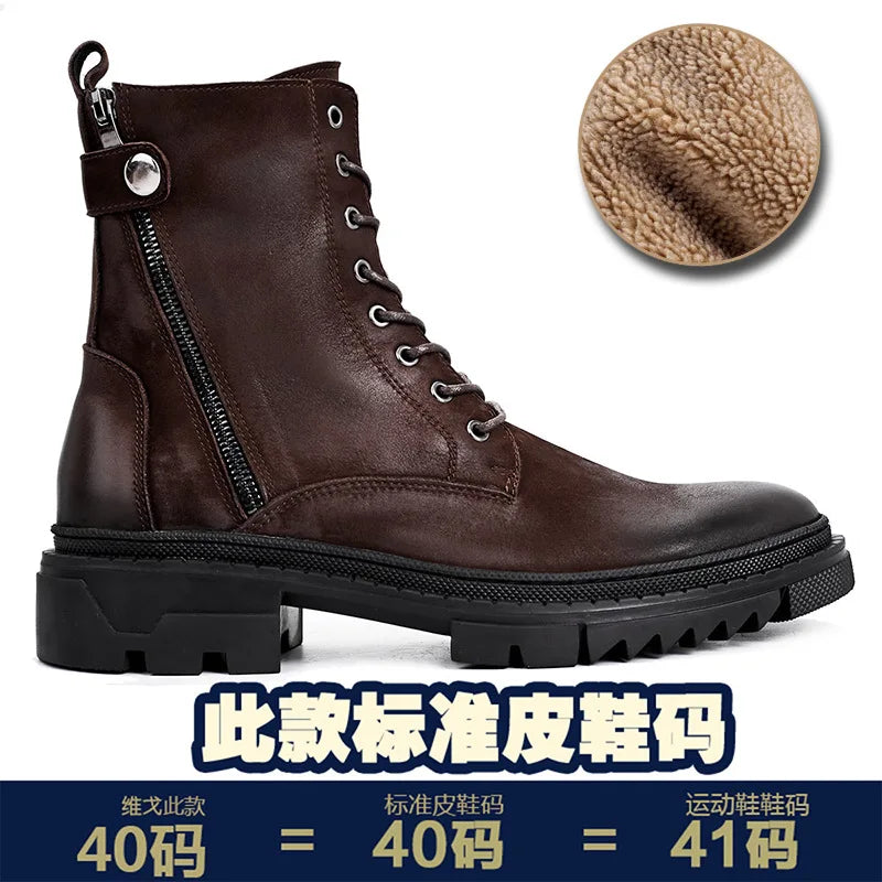 Round Head Casual Combat Boots Thick-soled High Boots Men's High Top Leather shoe Zipper Leather Boots motorcycle boots men