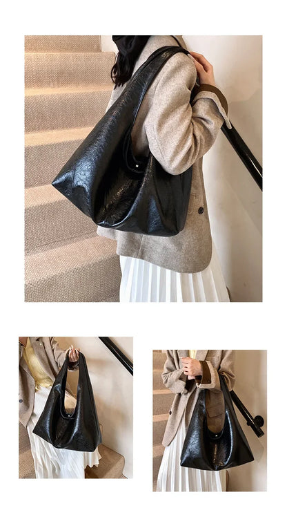 Big Black Shoulder Bags for Women Large Hobo Shopper Bag Solid Color Quality Soft Leather Crossbody Handbag Lady Travel Tote Bag