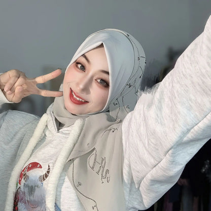 Malay Solid Chiffon Turban Head Scarf for Women, Irregular Rhinestone Hotfix Wrapped L-Edge Pull-On Scarf,Soft Muslim Hijab Wrap