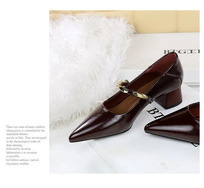 Women Korean Vintage Soft Split Cow Leather Pointed Pumps Simple Single Metal Buckle Strap Mid Chunky Heel Comfort Office Daily