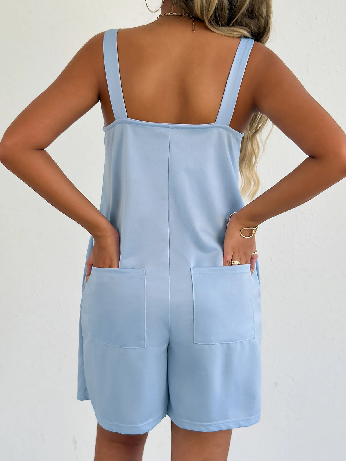 Women Sleeveless Strap Short Romper Heart Neck Pleated Wide Leg Jumpsuit With Pockets Loose Summer Casual Beach Vacation Outfit