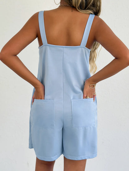 Women Sleeveless Strap Short Romper Heart Neck Pleated Wide Leg Jumpsuit With Pockets Loose Summer Casual Beach Vacation Outfit