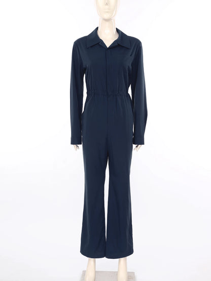 Womens Fashion Work Coverall Rompers Casual Solid Color Turn-Down Collar Long Sleeve Button Jumpsuit Travel Holiday Cargo Pants
