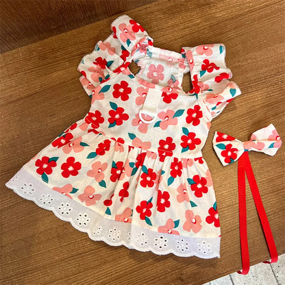 Summer Floral Dog Dress Luxury Pet Vest Puppy Skirt Girls Dog Clothes Chihuahua Clothing Bichon Dog Clothing with Bow Headwear
