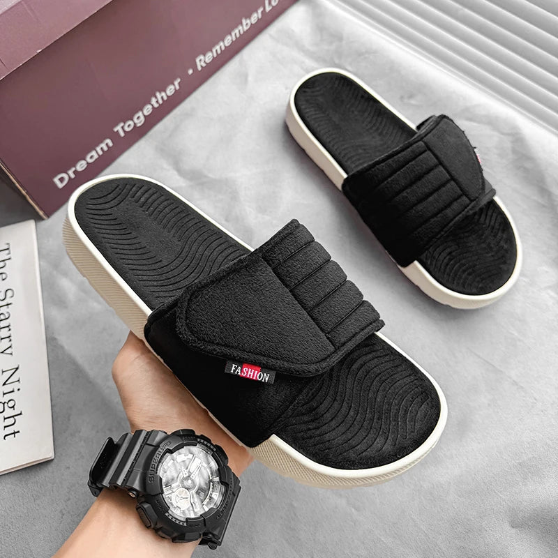 Fashion Men's Slippers Suede Cloth Non-Slip Casual Sandals Platform Soft Home Shoes Indoor Slides Outdoor Beach Shoes Flip-flop