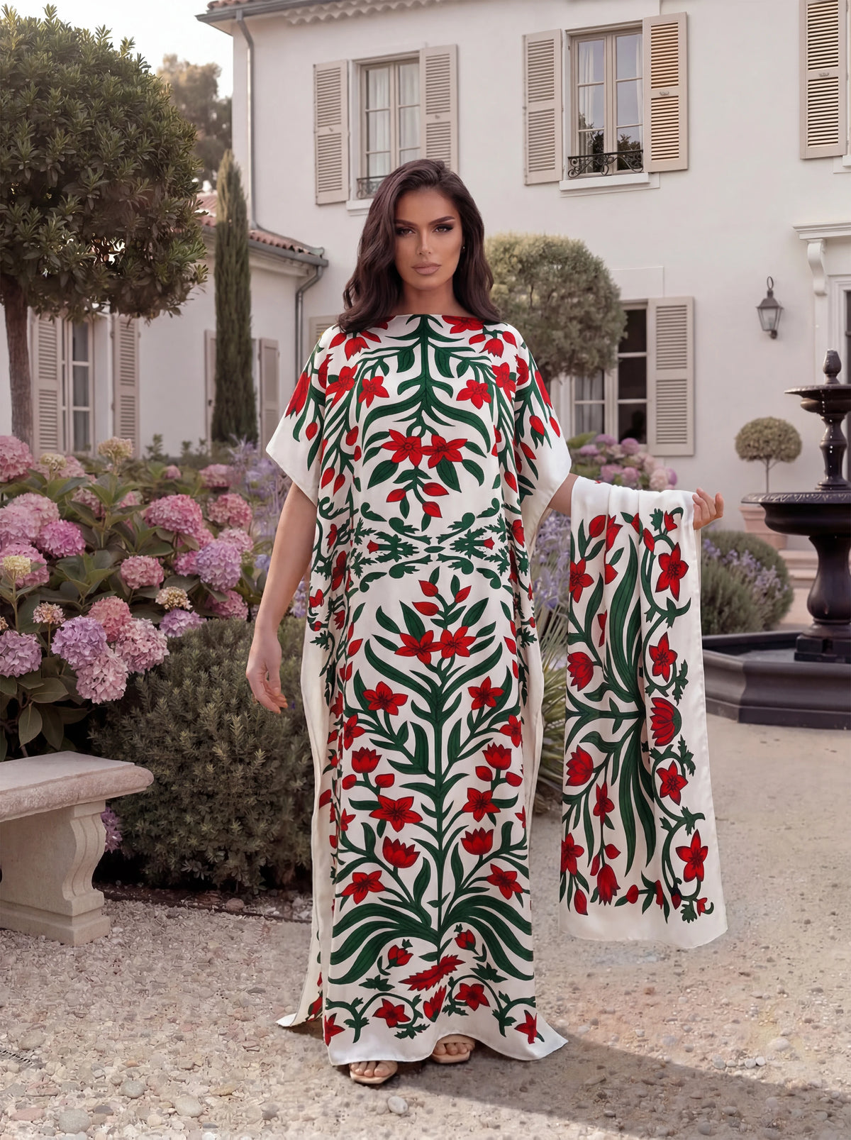 Boho Tropical Floral Leaf Print Satin Abaya Scarf Set, Loose Batwing Maxi Kaftan for Muslim Women Summer Beach Holiday Wear