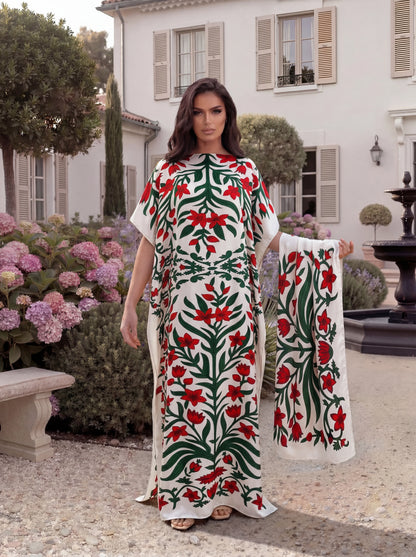 Boho Tropical Floral Leaf Print Satin Abaya Scarf Set, Loose Batwing Maxi Kaftan for Muslim Women Summer Beach Holiday Wear