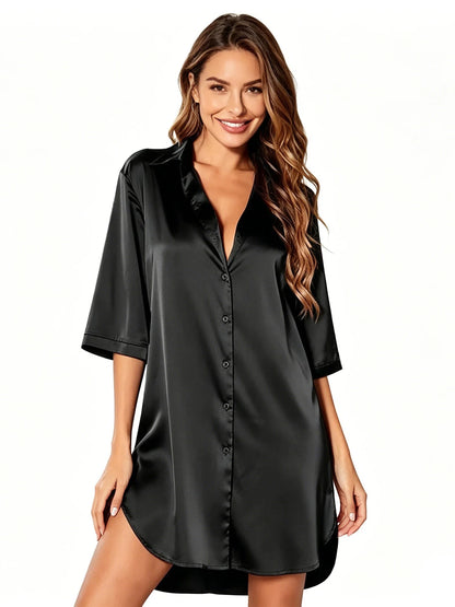 Elegant Satin Nightshirt Solid Lapel Button-Up Shirt Dress Breathable Fabric Smooth Texture Charming Women's Nightgown Sleepwear