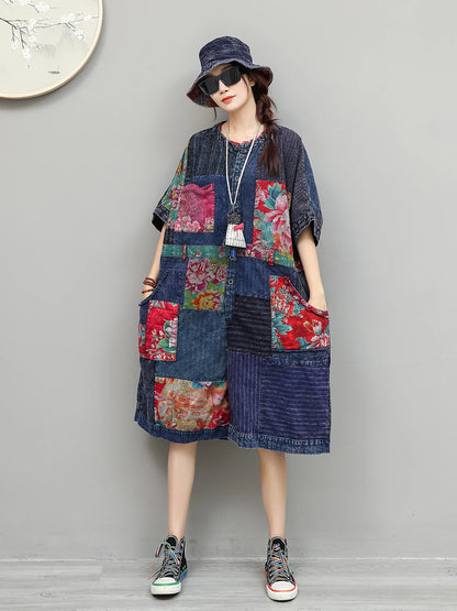 Unique Design Vintage-style Patchwork Large Floral Print Jumpsuit Women Summer Loose Casual Romper LX6155