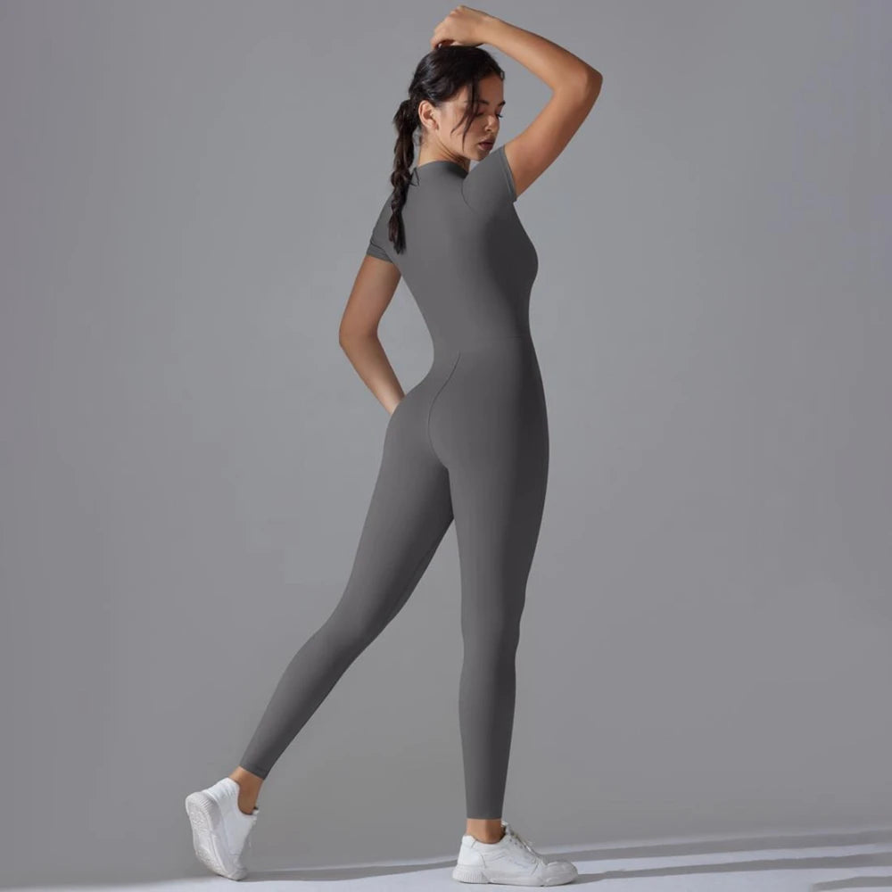 Womens Jumpsuits Short Sleeve Yoga Slim Fit Stretch One Piece Romper Sexy Fitness Female Basic Sportwears Black Zipper Ladies