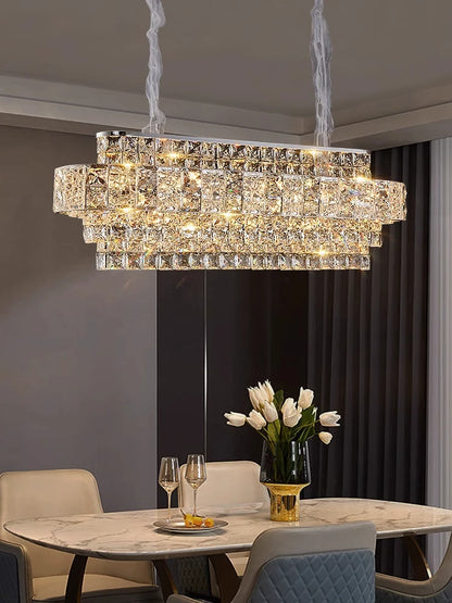 Luxury Glittering Crystal Long Pendant Lights Modern Lustres LED Oval Hanging Lamps for Ceiling Home Decor for Dining Room