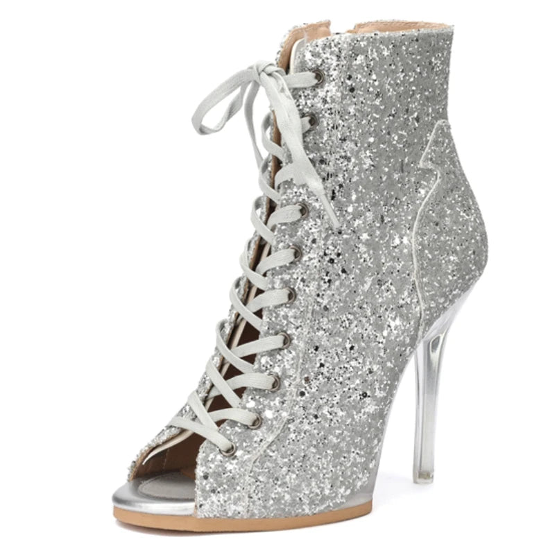 Transparent High Heels Jazz Dance Shoes Sexy Peep toe Luxury Silver Gold Pink Red Heeled Outdoor Party Ankle Boots for Women