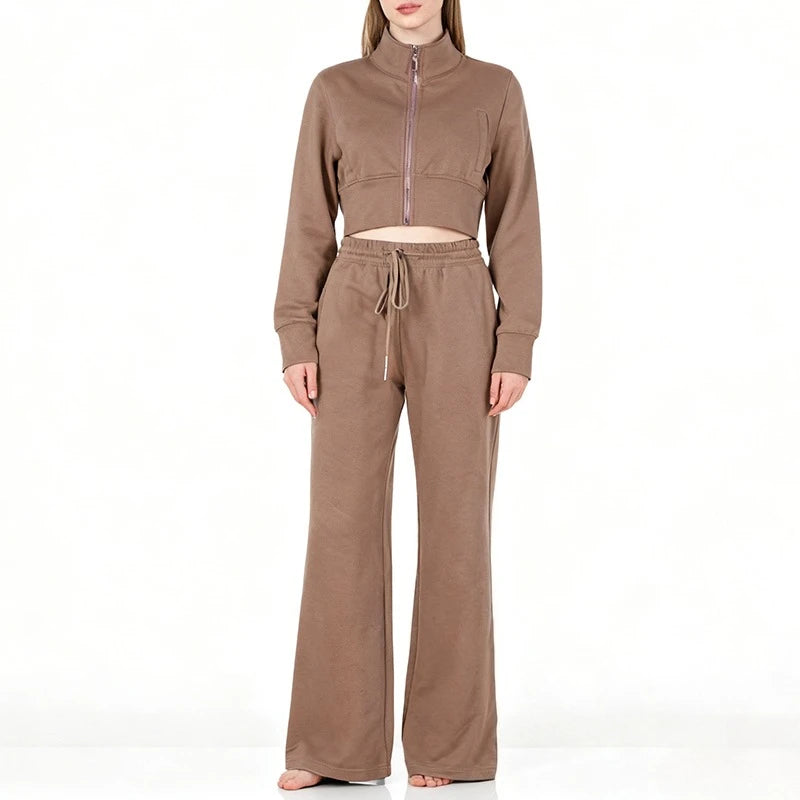 Streetwear Cool Cropped Zip Up Sweatshirt Two-Piece Set for Women Sport Tops with Elastic Waist Drawstring Wide-Leg Pants Suit
