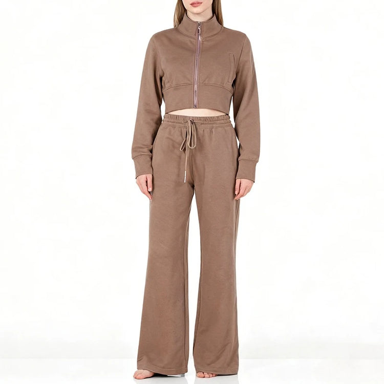 Streetwear Cool Cropped Zip Up Sweatshirt Two-Piece Set for Women Sport Tops with Elastic Waist Drawstring Wide-Leg Pants Suit