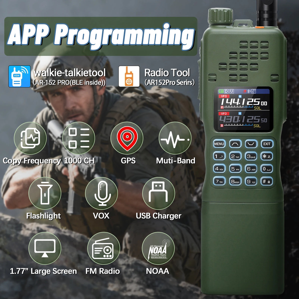 BAOFENG AR-152 PRO GPS Walkie Talkie  Long Range Bluetooth Programming 10W Multi Band 12000mAh Tactial 1000CH Two Way Ham Radio
