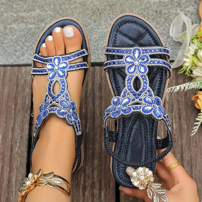 Red Rhineston Floral Elastic Band Sandals for Woman Luxury Crystal Bohemian Vacation Slippers Women Wedge Plus Size 36-43 Shoes