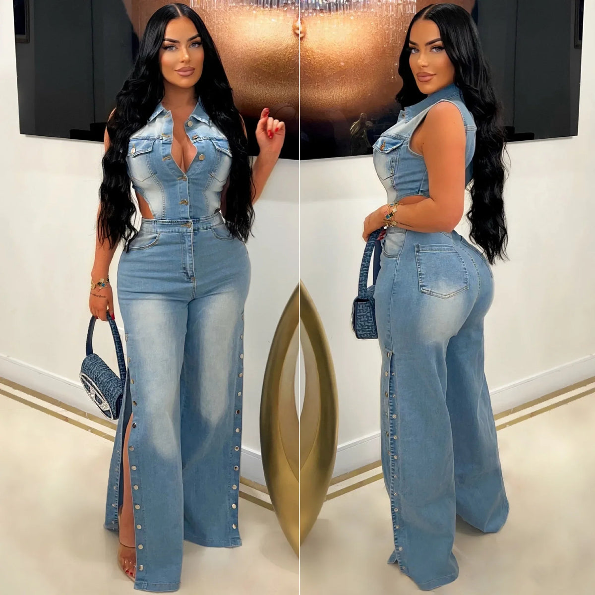 Jumpsuits Women Denim Pants One Piece Sleeveless Turn Down Collar Overalls Sheath Sexy Straight Long Pant Rompers Slim Fit