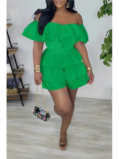 Women's Jumpsuits Elegant Women Playsuit Sexy Off Shoulder Ruffles Slim Short Jumpsuit 2025 Summer Fashion Ruffle Rompers Female