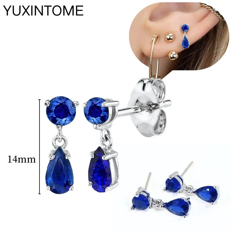 925 Sterling Silver Needle Dark Blue Crystal Silver Earrings Women's Exquisite Heart Blue Pendant Hoop Earrings Luxury Jewelry