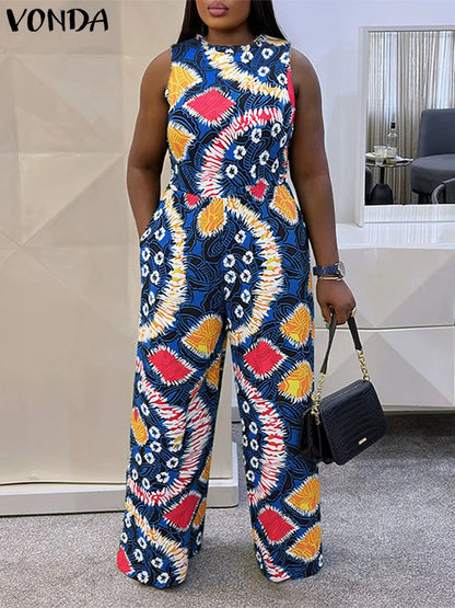 Women Jumpsuits Vintage Printed Sleeveless Overalls 2025 VONDA Summer Beach Wide Leg Playsuits Casual OL Work Long Jumpsuits