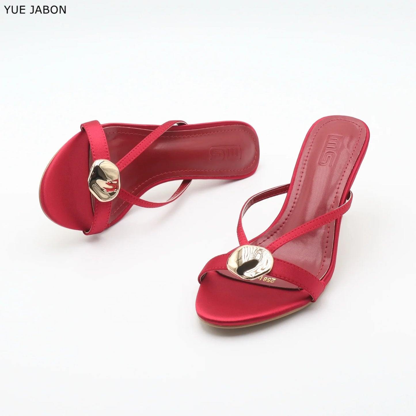 Red Satin Sexy Thin Heel Slippers Women Metal Buckle Open Toe Slides Ladies Concise Black Luxury Brand High Heels Dress Shoes