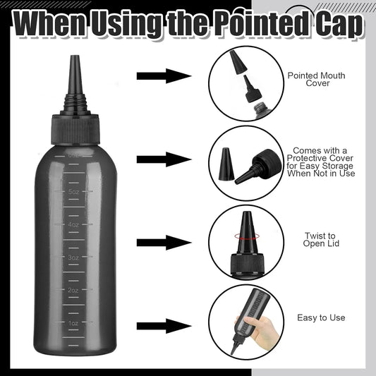 Hair Oil Application Bottle, with 3 Pointed Mouth Caps and 6 Ounces Hair Dye Bottle Root Comb, Suitable for Scalp (black&white)