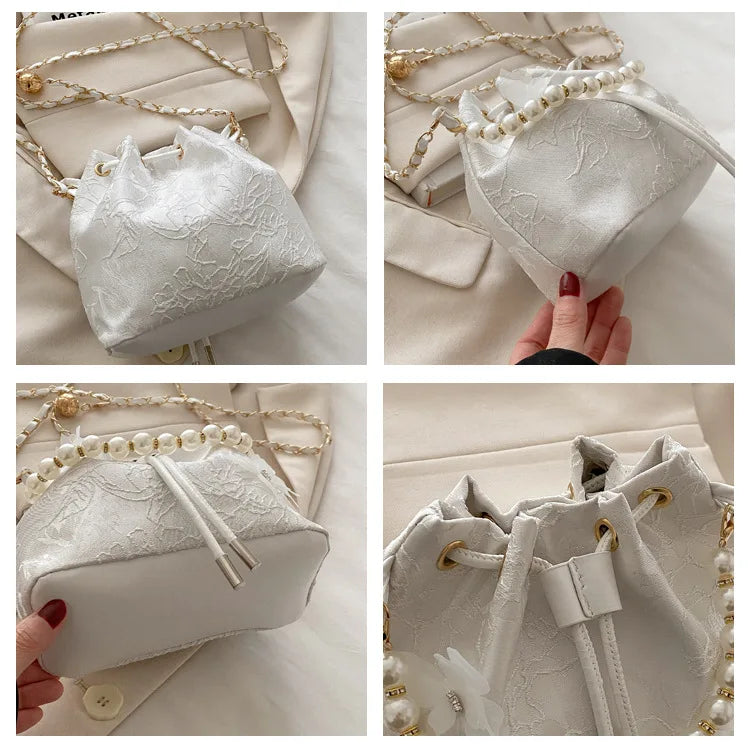 Sweet Butterfly Women Drawstring Bucket Shoulder Bags Versatile Ladies Crossbody Bag Clutch Fashion Girls Pearl Chain Handbags