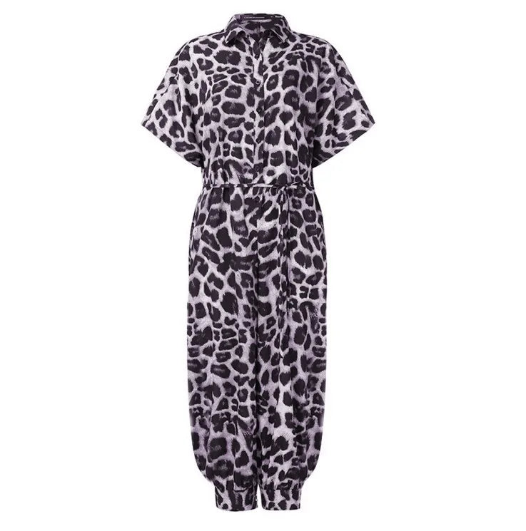 2025 Summer New Dot Leopard Print Jumpsuit Women Short Sleeve Leace-up Pocket Casual Jumpsuits Fashion Vintage Ladies Bodysuits