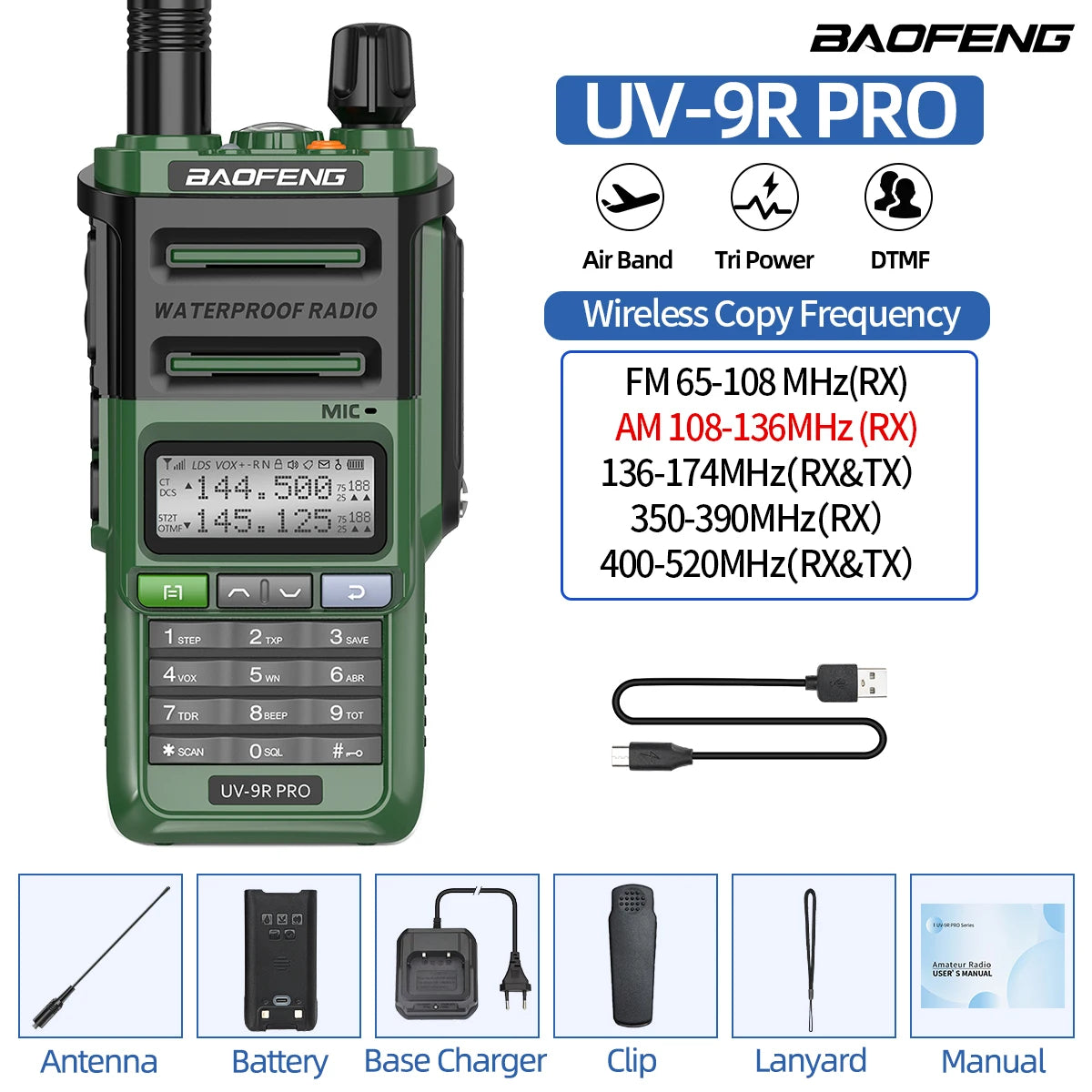 Baofeng UV-9R PRO Walkie Talkie IP68 Waterproof Full Band Wireless Copy Frequency 128CH AM FM Type-C Long Range Two Way Radio