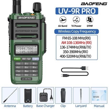 Baofeng UV-9R PRO Walkie Talkie IP68 Waterproof Full Band Wireless Copy Frequency 128CH AM FM Type-C Long Range Two Way Radio