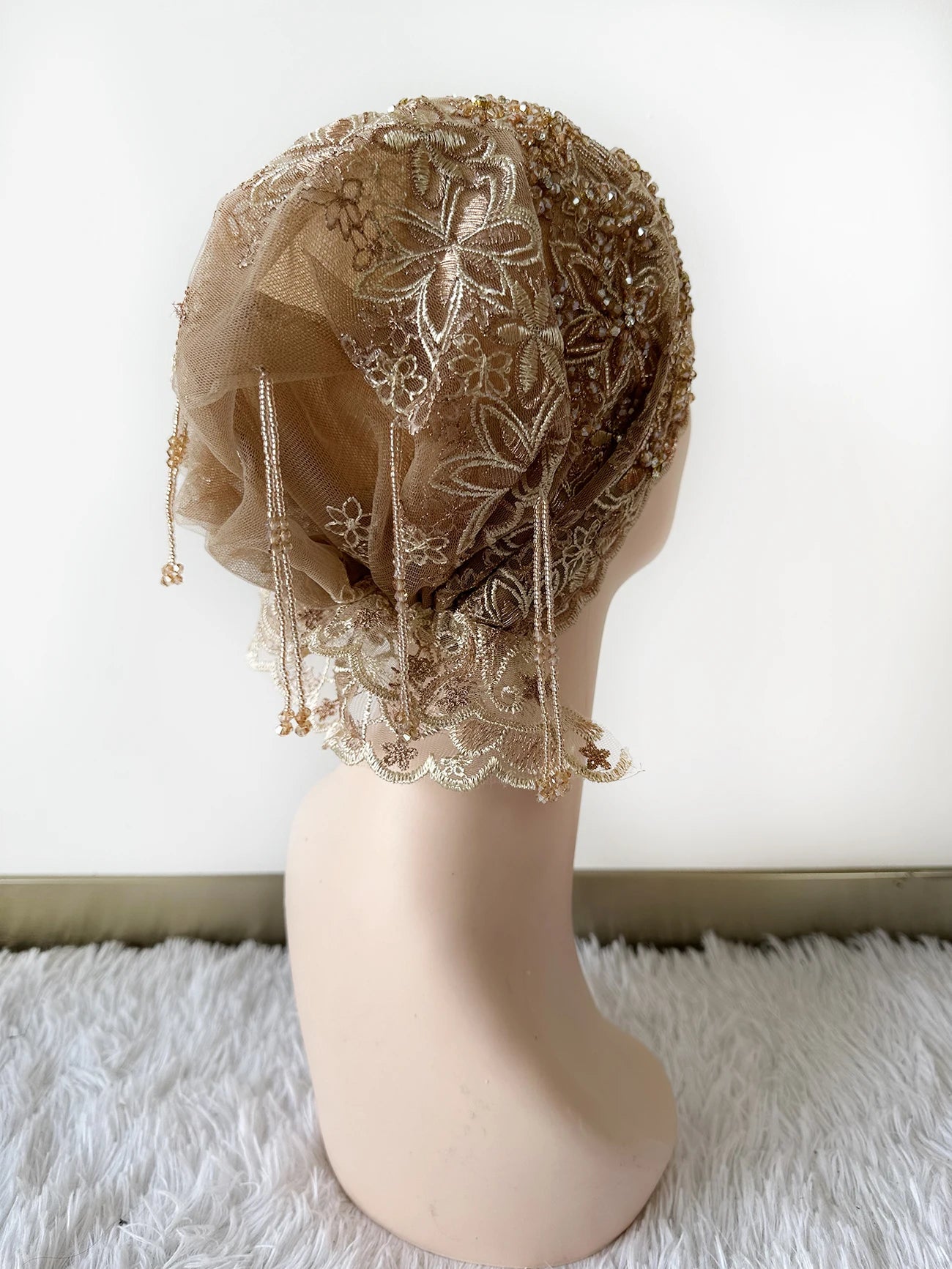High Quality Lace handcrafted Beaded Turban Hat Female Head Wraps Caps Muslim Women Headscarf Bonnet Ready to Wear Inner Hijabs